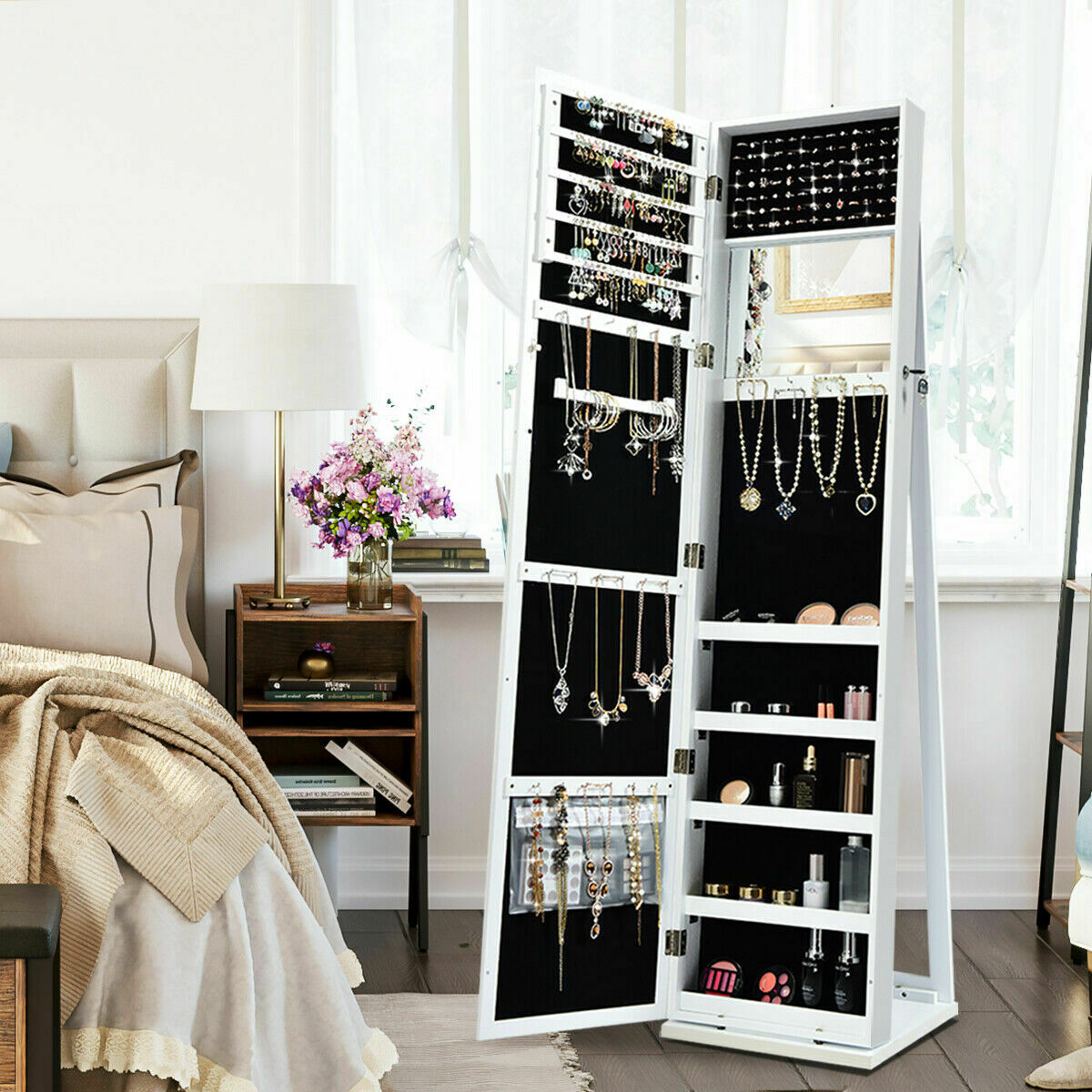 3-in-1 360° Swivel Mirrored Jewelry Armoire with Display Shelves-White